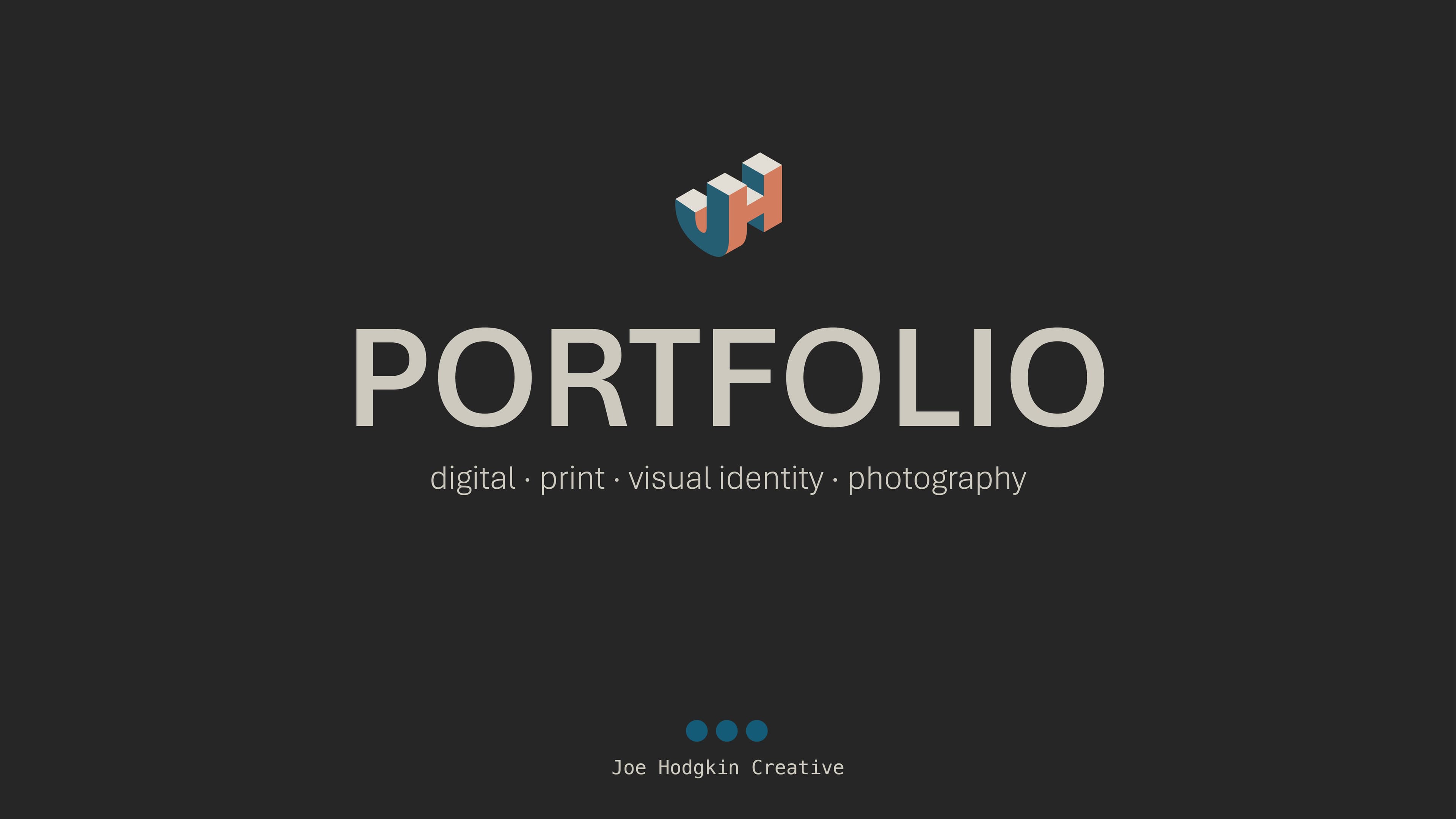 Portfolio cover — JH logo with heading "Portfolio" and tagline: digital, print, visual identity, photography