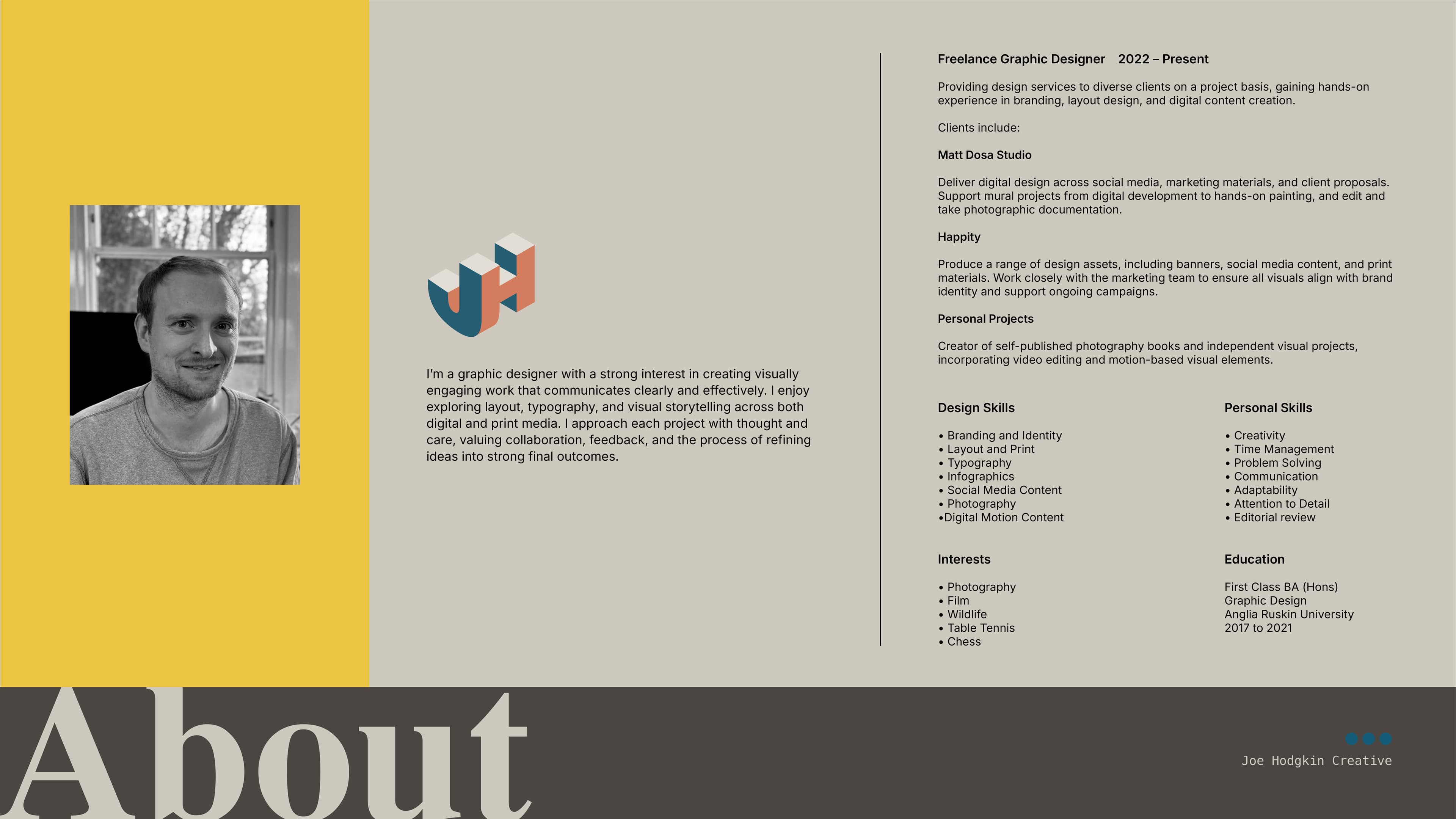 About Joe Hodgkin — headshot photo, biography, freelance graphic designer experience since 2022, design and personal skills, and education details