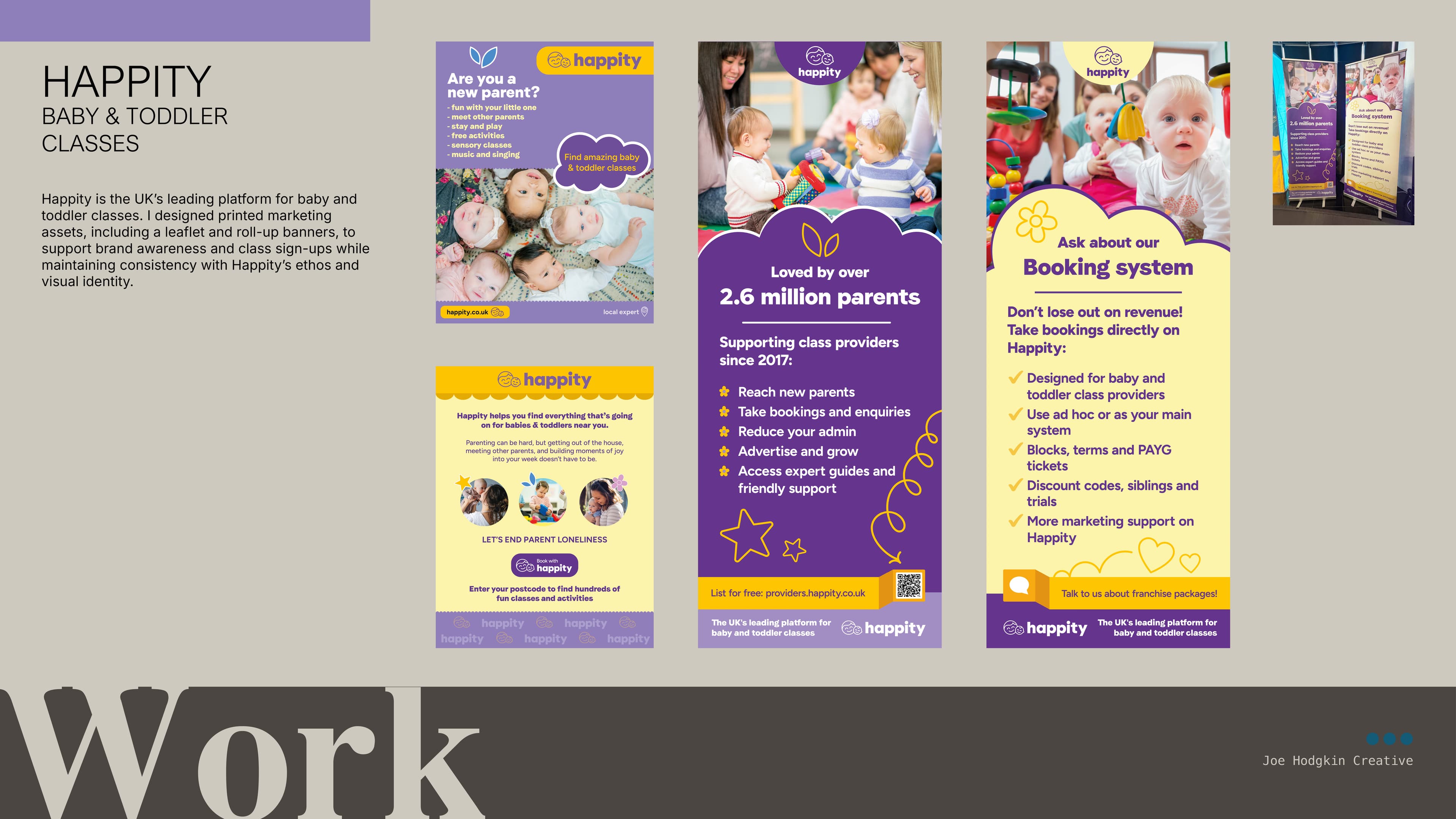Happity baby and toddler classes — printed marketing materials including leaflets, roll-up banners, and booking system promotional designs