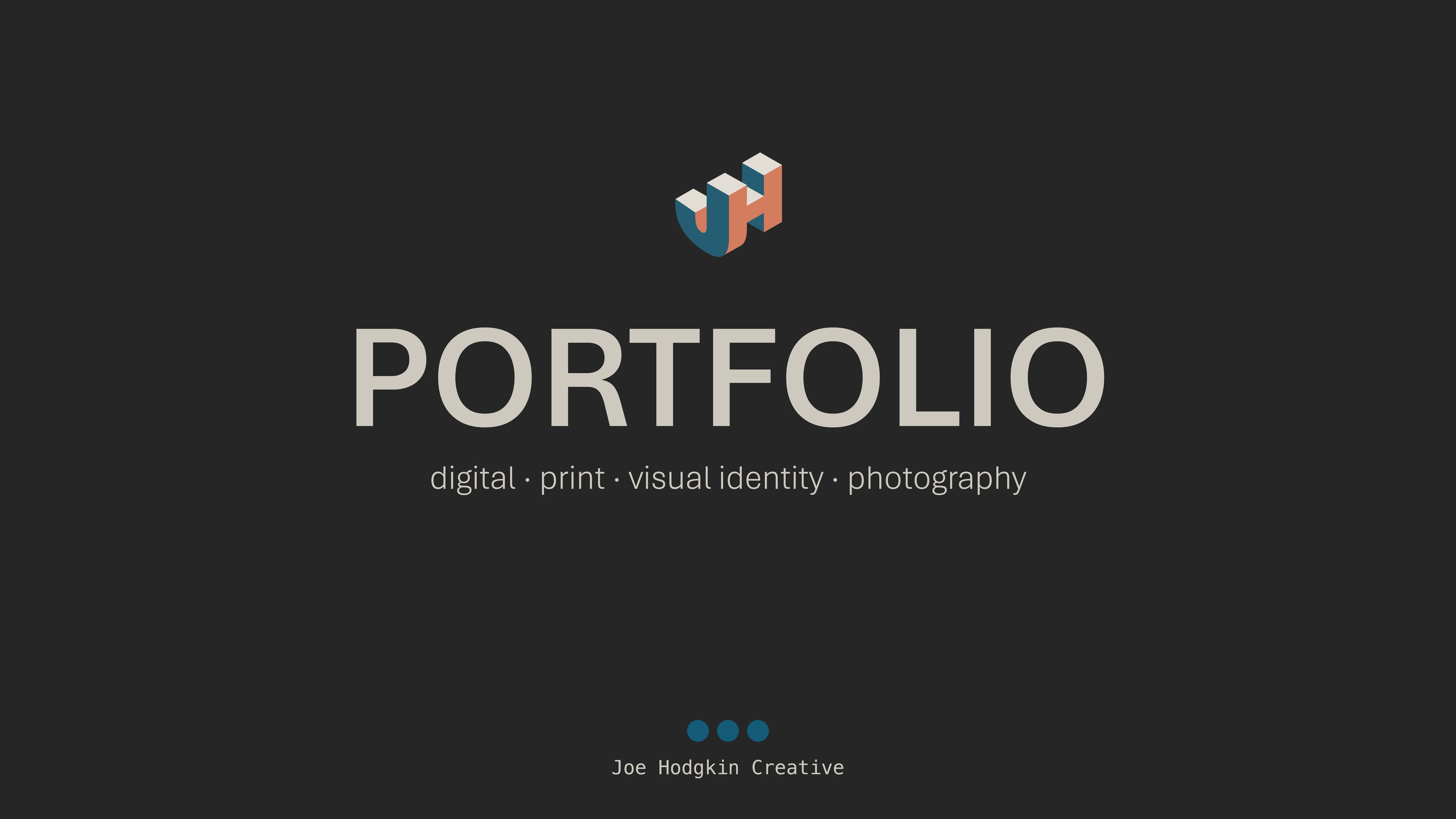 Portfolio cover — JH logo with heading "Portfolio" and tagline: digital, print, visual identity, photography