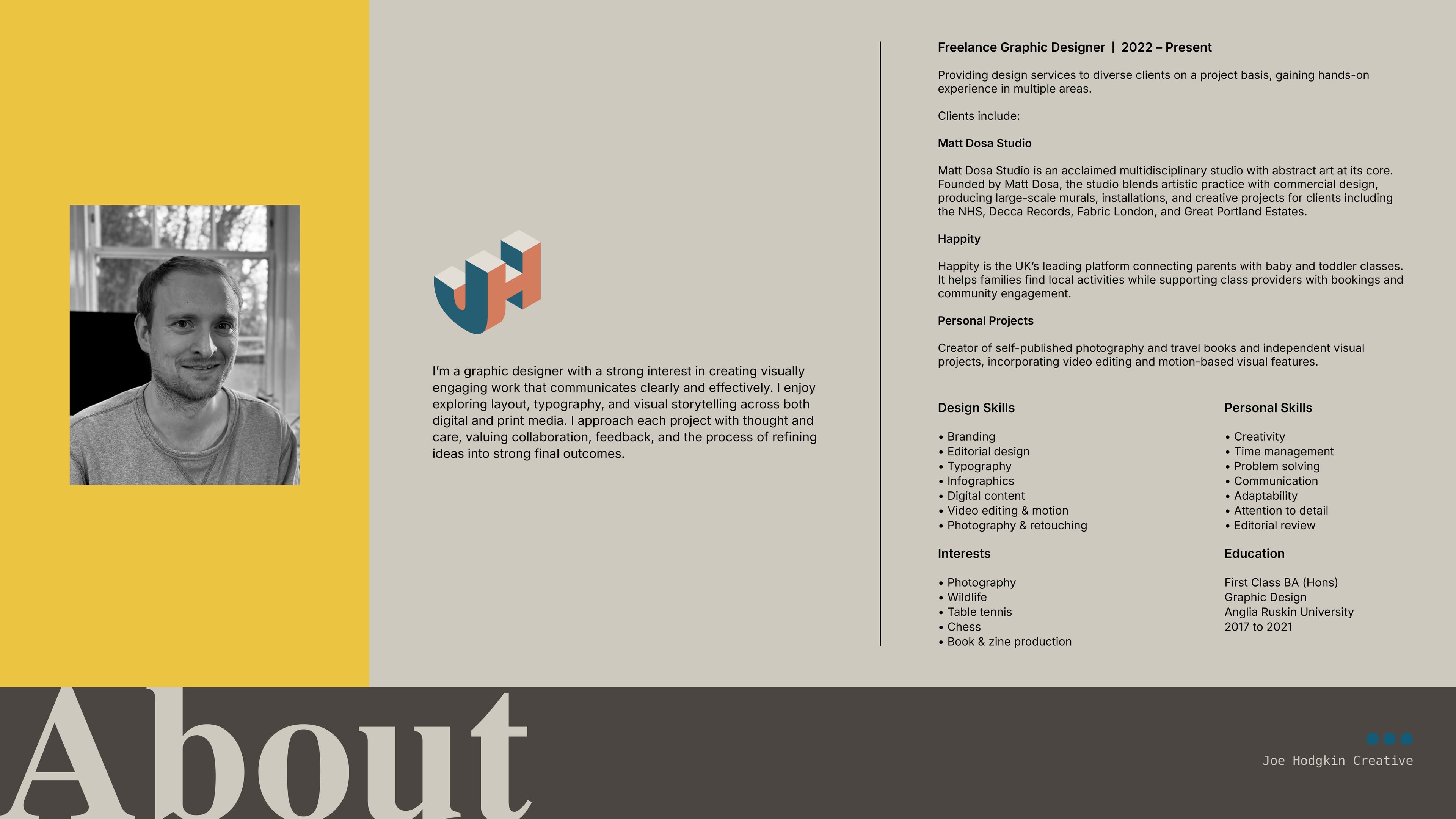 About Joe Hodgkin — headshot photo, biography, freelance graphic designer experience since 2022, design and personal skills, and education details