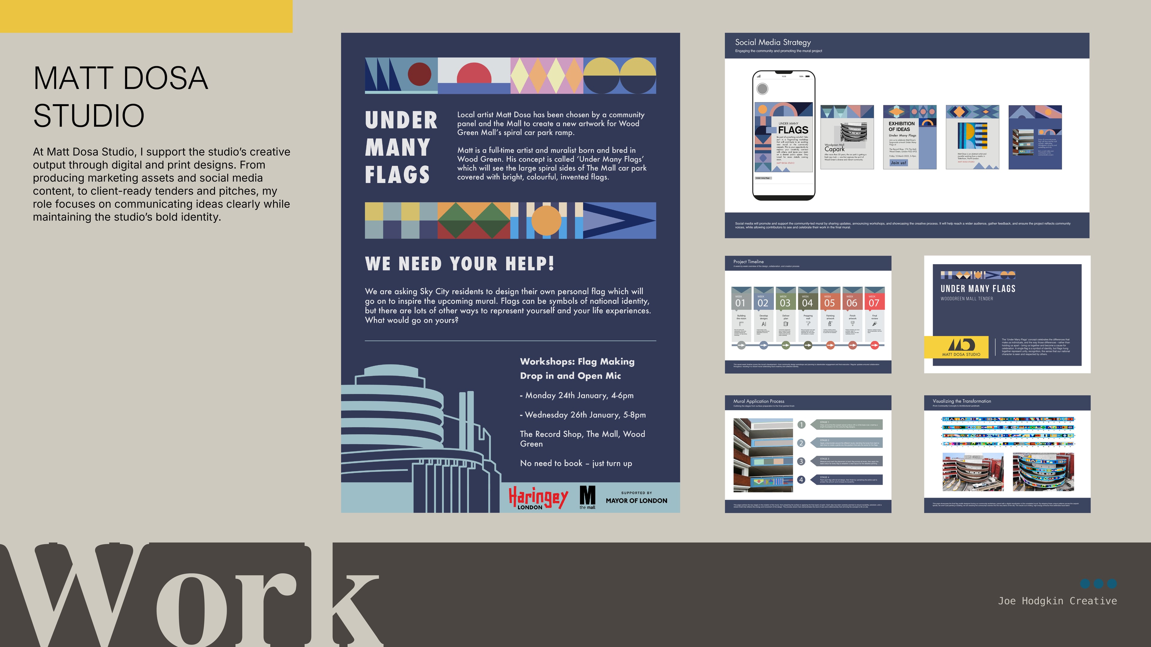 Matt Dosa Studio — digital and print design work including "Under Many Flags" community art event poster, social media strategy, and marketing materials
