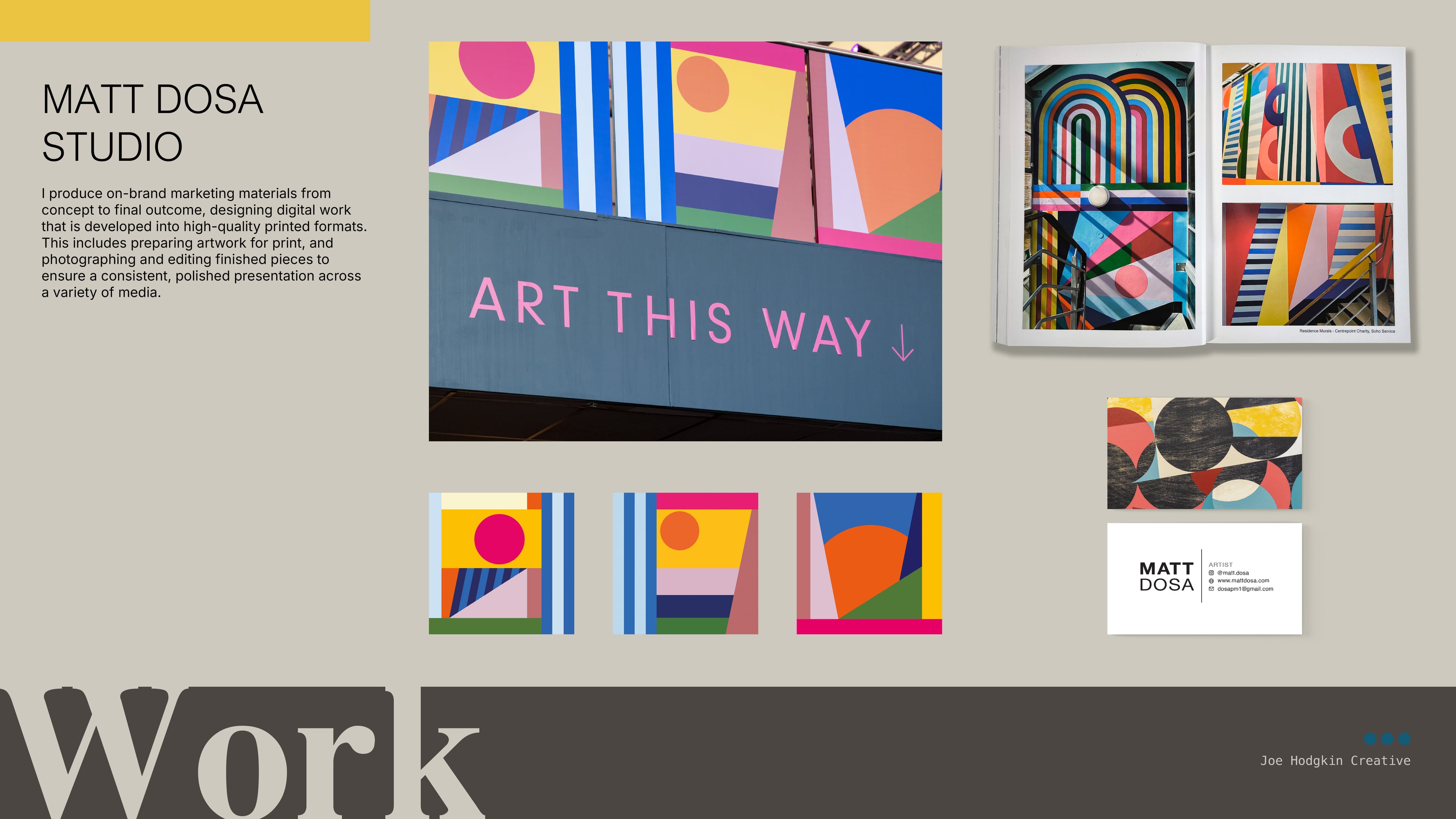 Matt Dosa Studio — colorful geometric artwork, "Art This Way" mural signage, art book spreads, and business card design