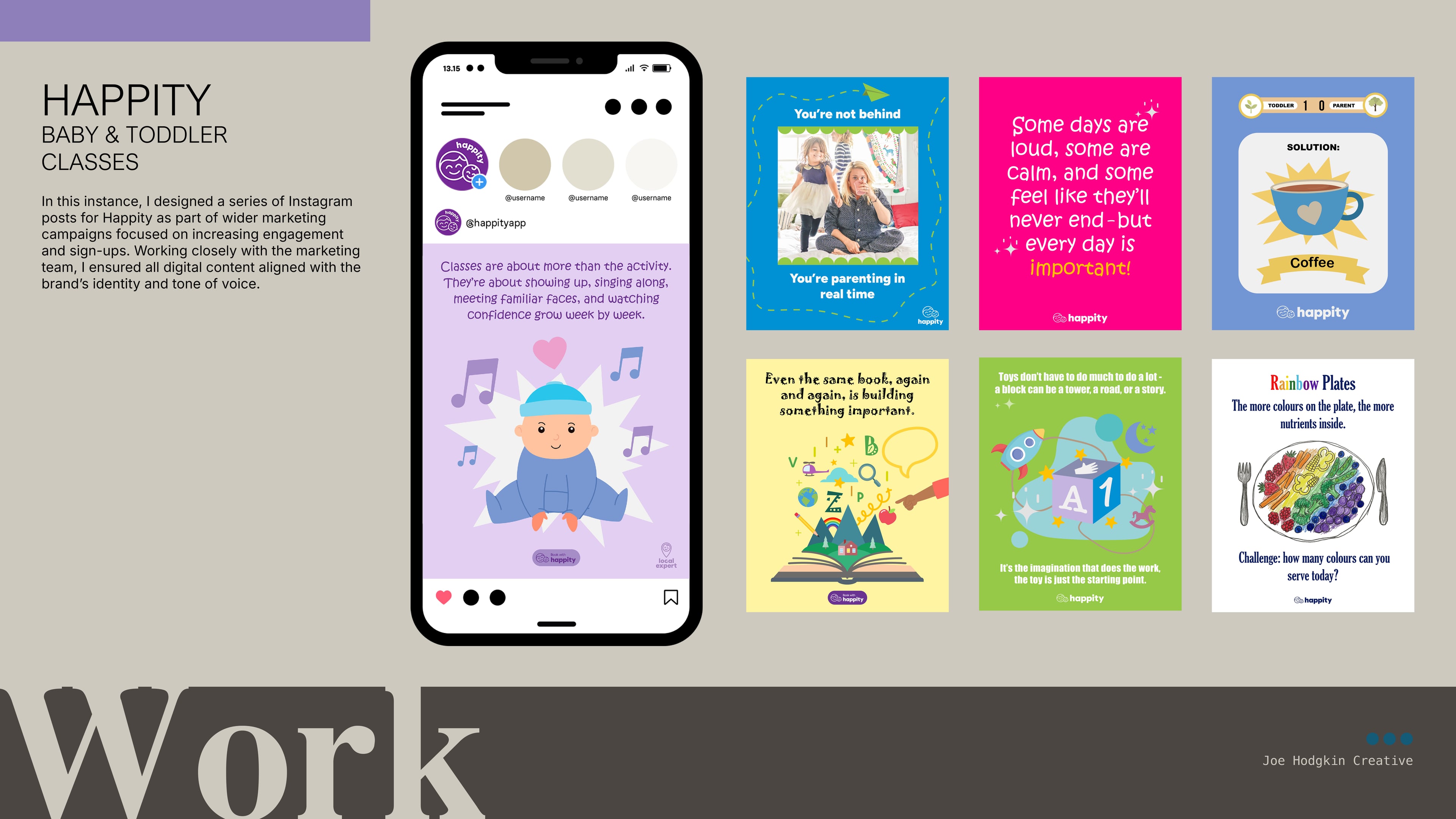 Happity social media campaign — Instagram post designs featuring parenting quotes, illustrated characters, and brand-consistent digital content