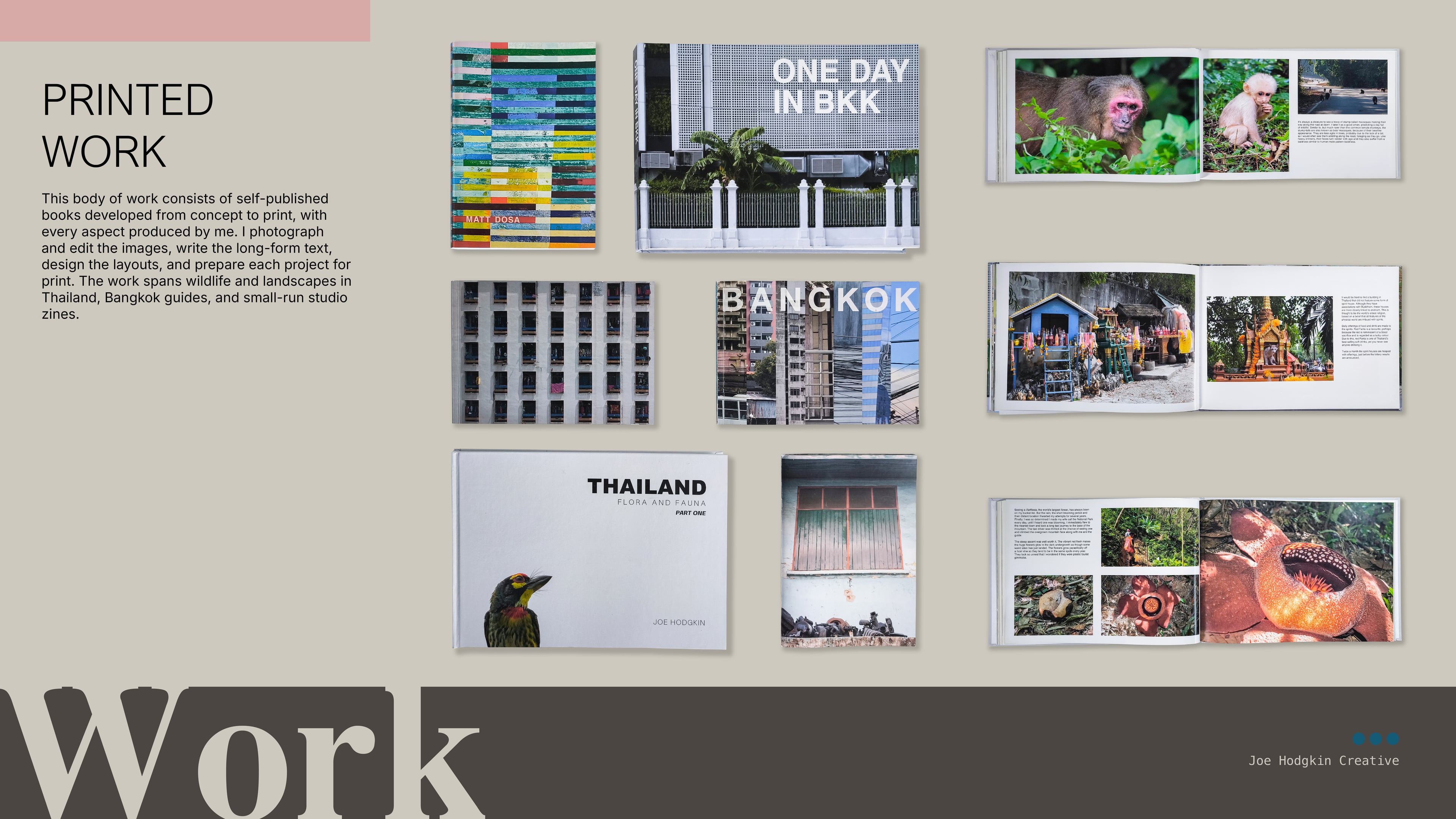 Printed work — self-published photography books about Thailand and Bangkok featuring wildlife and cityscape photography