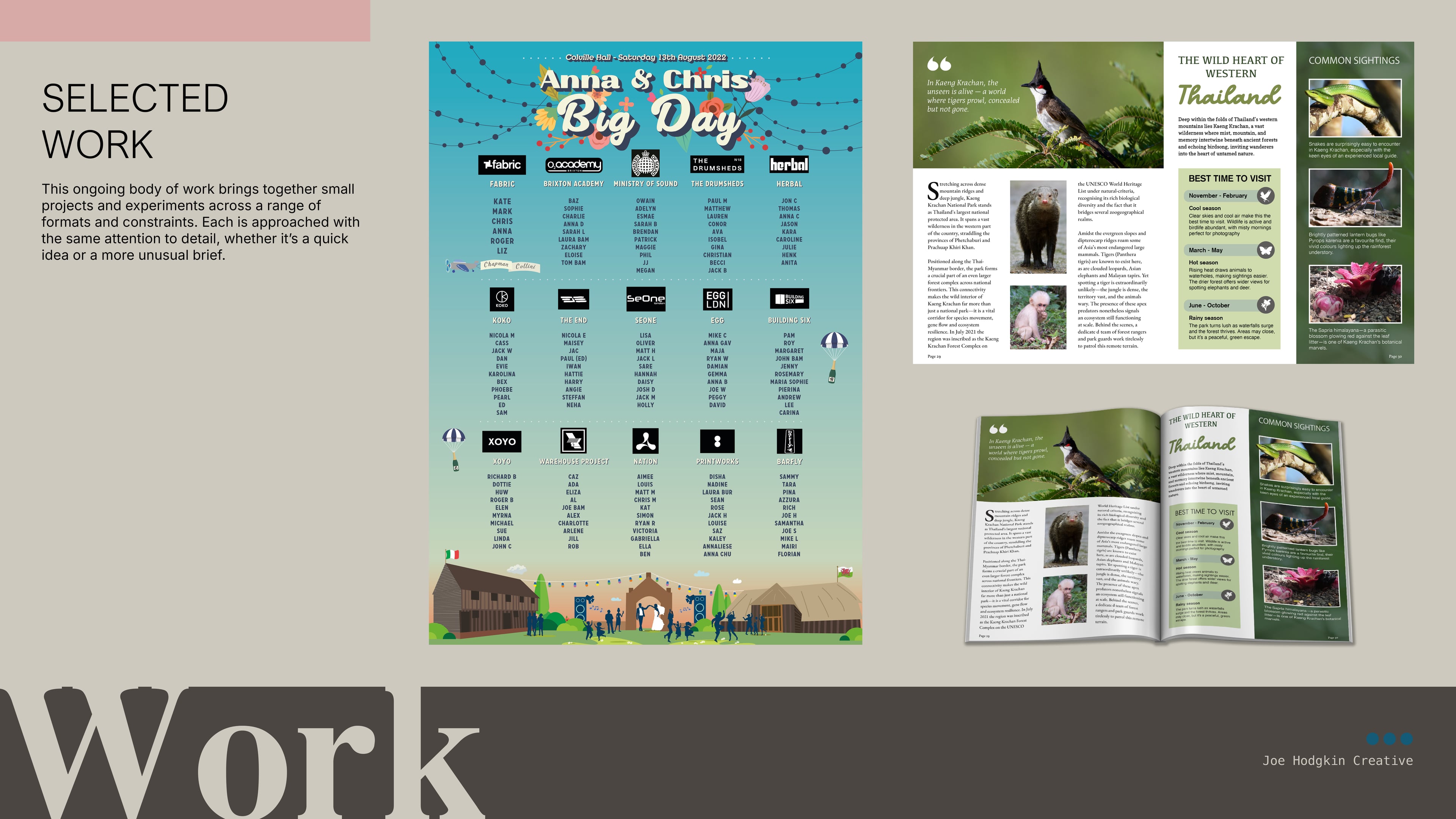 Selected work — illustrated wedding seating plan for "Anna & Chris's Big Day" and wildlife magazine spread about Western Thailand
