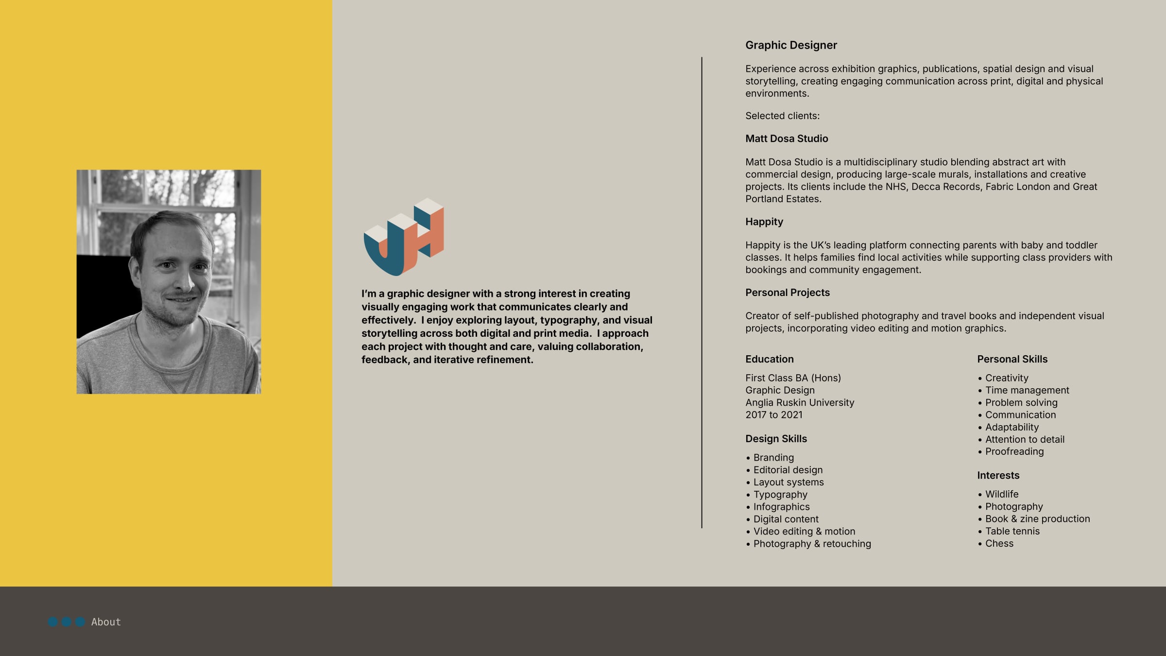 About page — profile and background details
